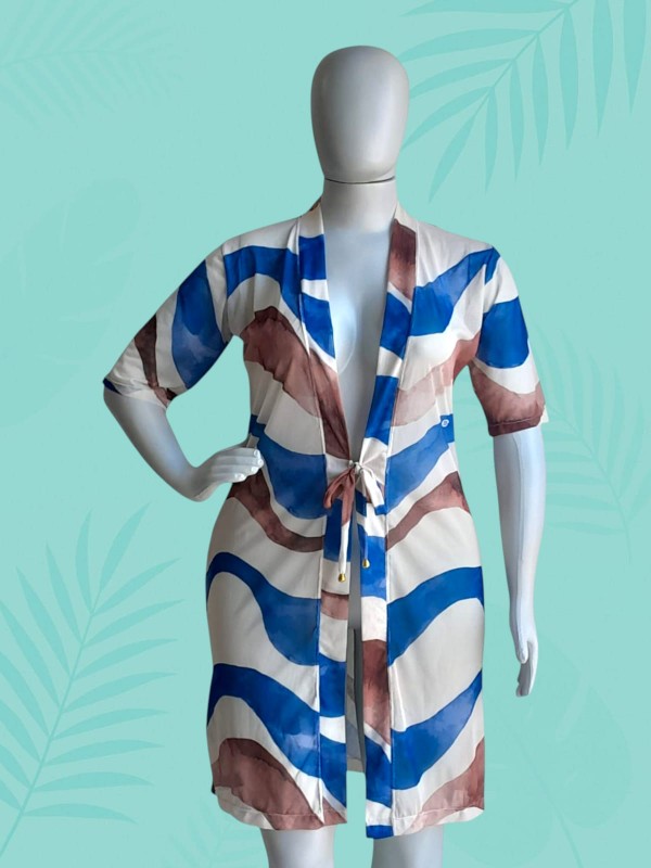 Saída de praia em tule Estampa Abstrata Azul e Marrom